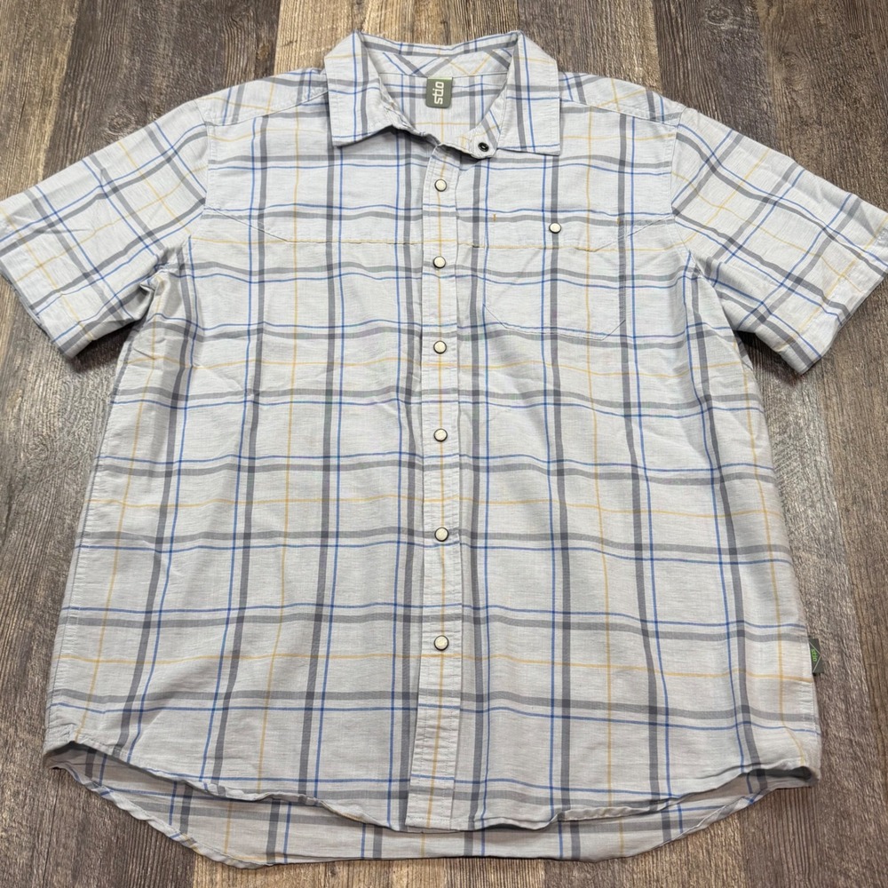 Stio Western Snap Shirt Mens Large Gray Blue Yellow Plaid Short Sleeve Linen Mix